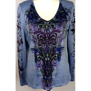 Live and Let Live Blue/Purple Paisley 3/4 Sleeve Embellished Top Size PL GUC